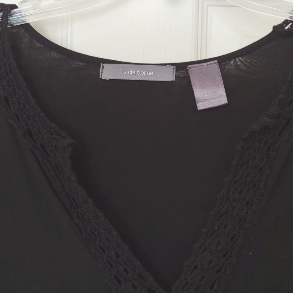 Liz Claiborne black long length blouse with decorative neckline in size XL
